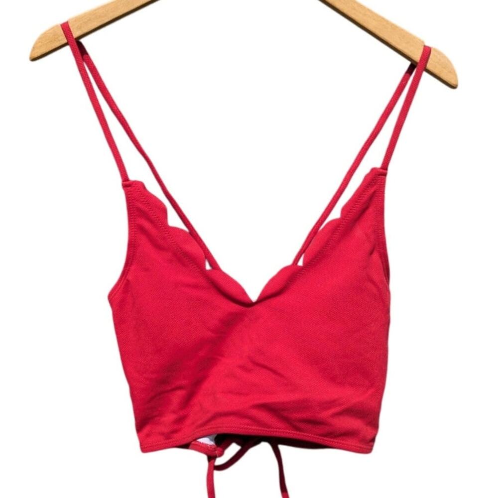 Cherry Red tie bikini top pin up rockabilly m scalloped v neck Preppy Costal